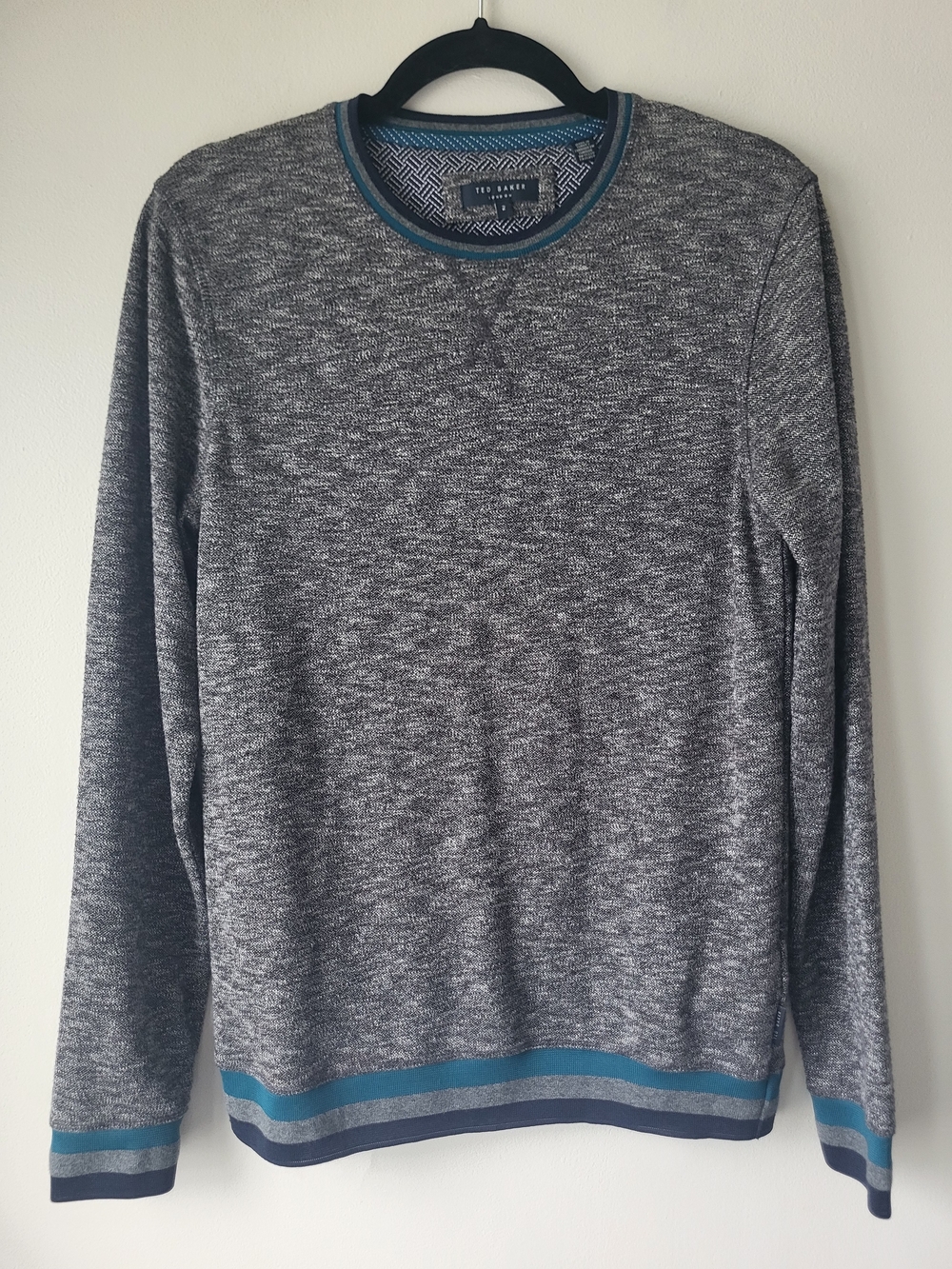 Ted Baker Men's Grey Marled Crewneck Classic Lightweight Sweater with Teal Trim